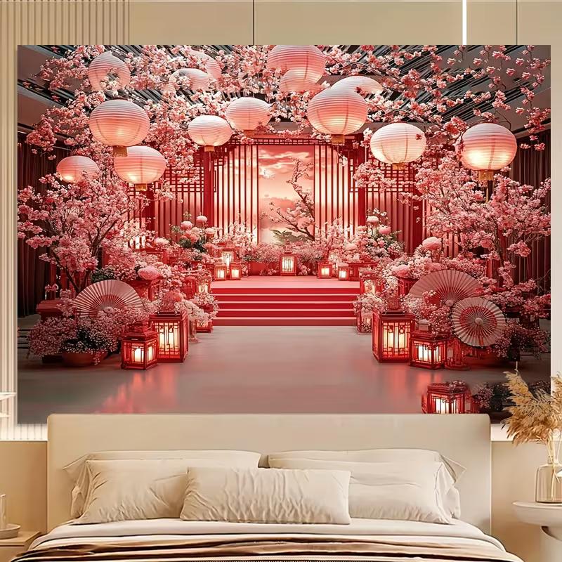 2D Red Lantern & Cherry Blossom Print Backdrop for Chinese Wedding Celebrations