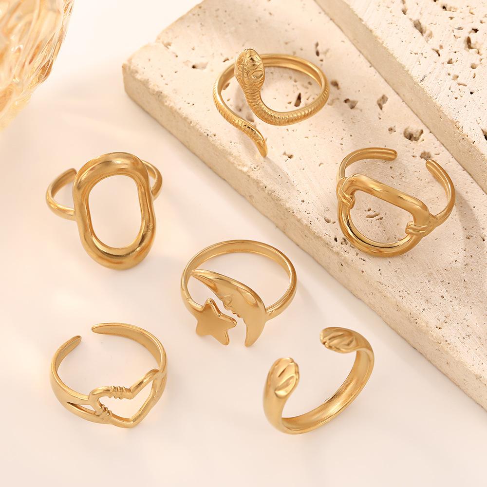 Stainless Steel Gold Color Rings Women Trendy Heart Moon Star Snake Open Rings Geometric Zircon Birthday Gift Wholesale