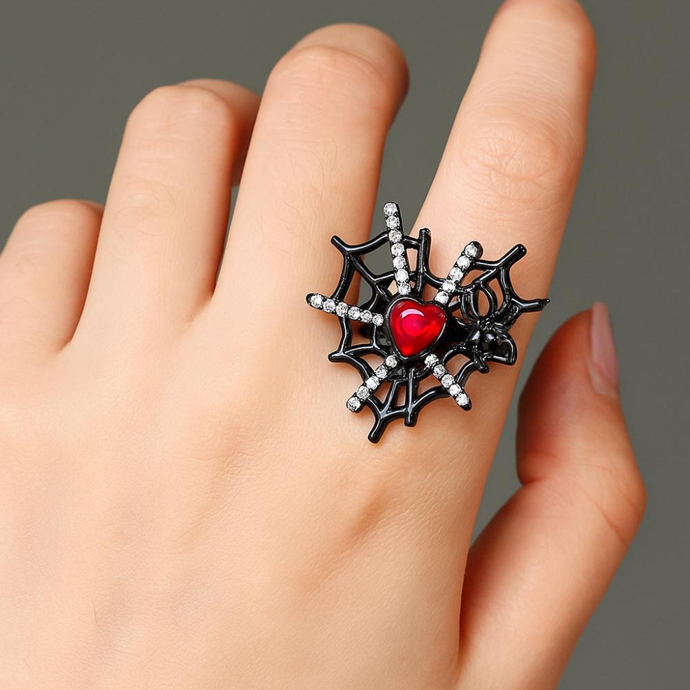 Shiny Rhinestone Spider Web Heart Ring Dark Fashion Halloween Opening Ring Gothic Bat Ring  Party