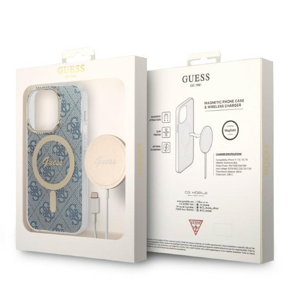 Guess GUBPP14XH4EACSB Case+ Charger Set iPhone 14 Pro Max 6.7" blue/blue hard case 4G Print MagSafe