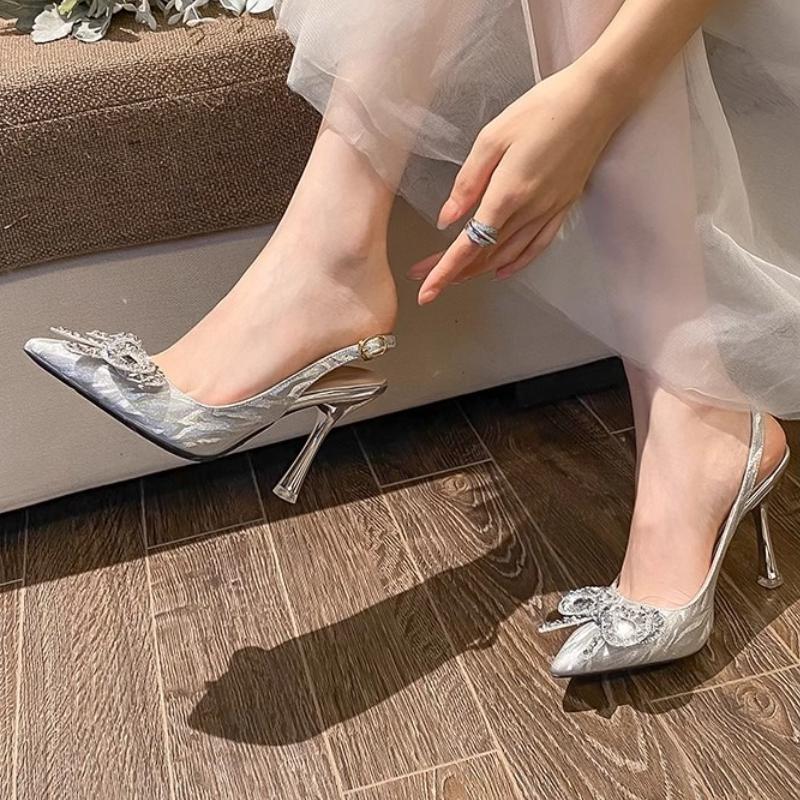 Fashion Summer Crystal Baotou High Heels Sandals Women's Summer New Pointed Toe Shallow Mouth Stiletto Butterfly Wedding Shoes