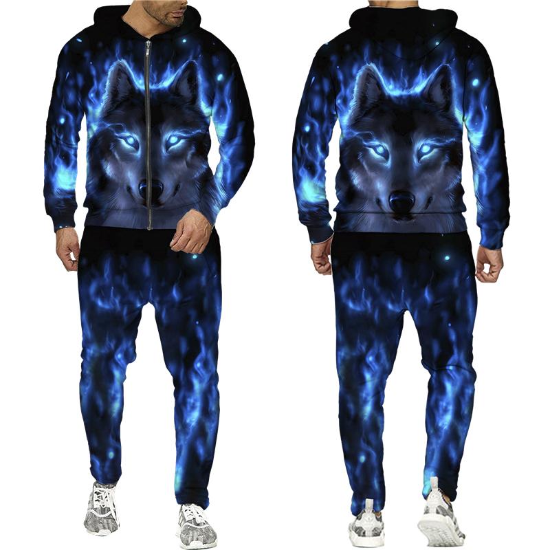 Tuta colorata con stampa 3D lupo Cool Hip Hop Streetwear Felpa con cappuccio con cerniera Tuta Uomo Donna Felpa con cappuccio casual Pantaloni da jogging