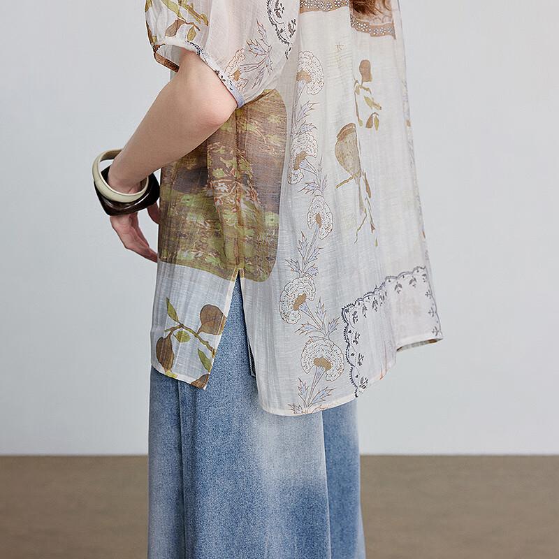 Women's Retro Boho Floral Lyocell Short Sleeve Shirt