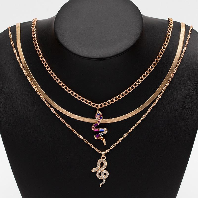Double Serpentine Diamond Necklace Pendant, Creative Personality Punk Coarse Chain Collarbone Chain Women