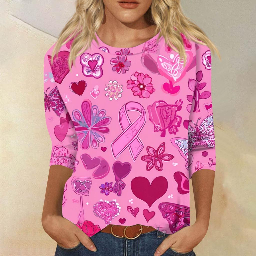 Women's Fashion Casual Seven Split Sleeve Printed Loose Round Neck Top