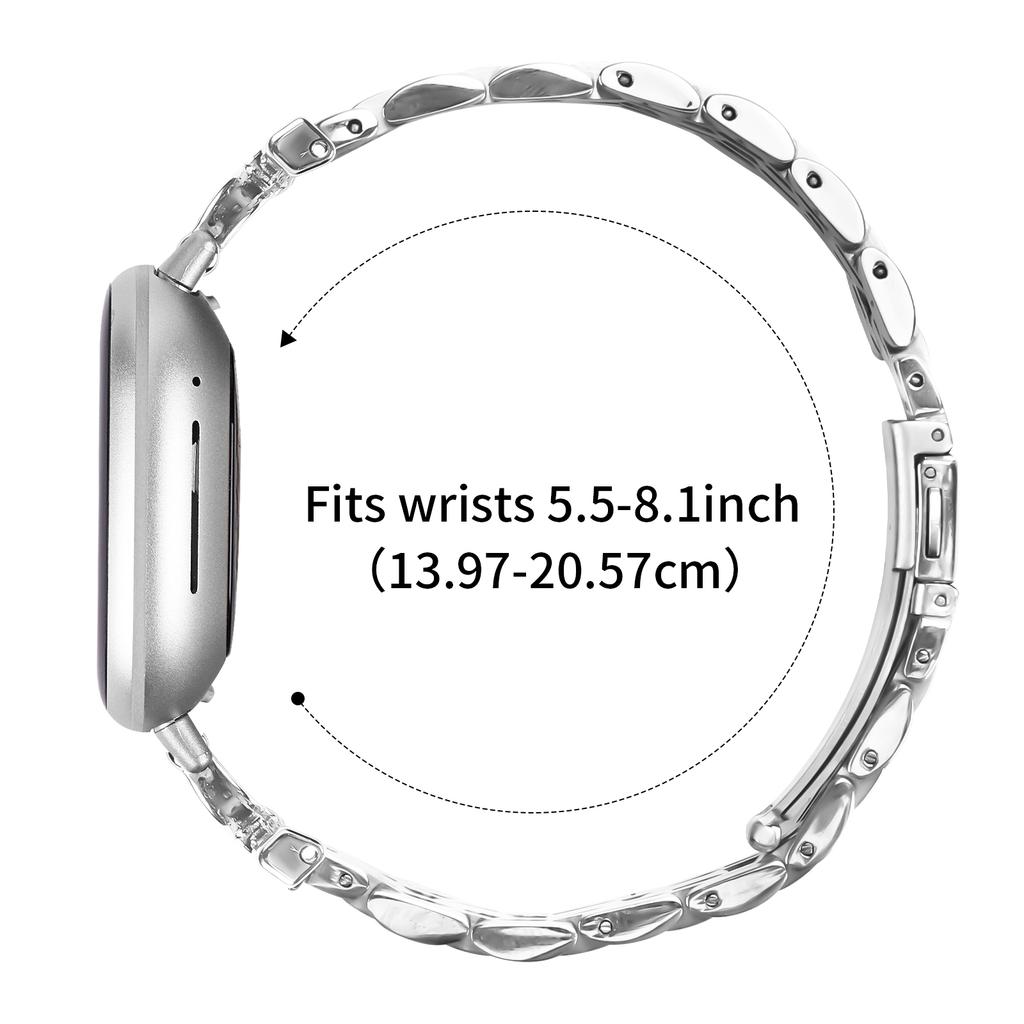 For Fitbit Versa 3/Sense Watch Band 7-Bead D-Shape Rhinestones Decor Silver Stainless Steel Strap
