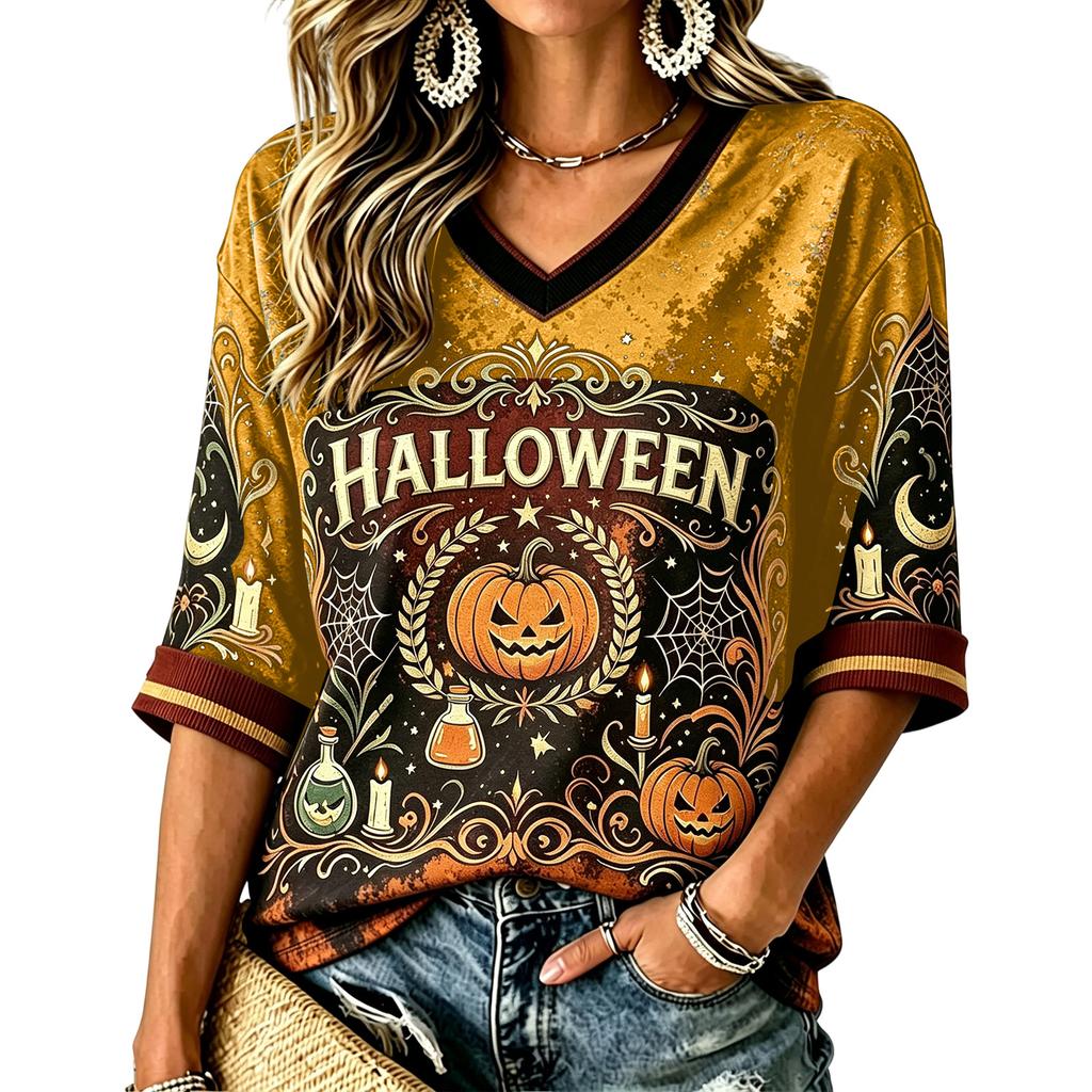 Women's Casual Halloween Print V-Neck T-Shirt