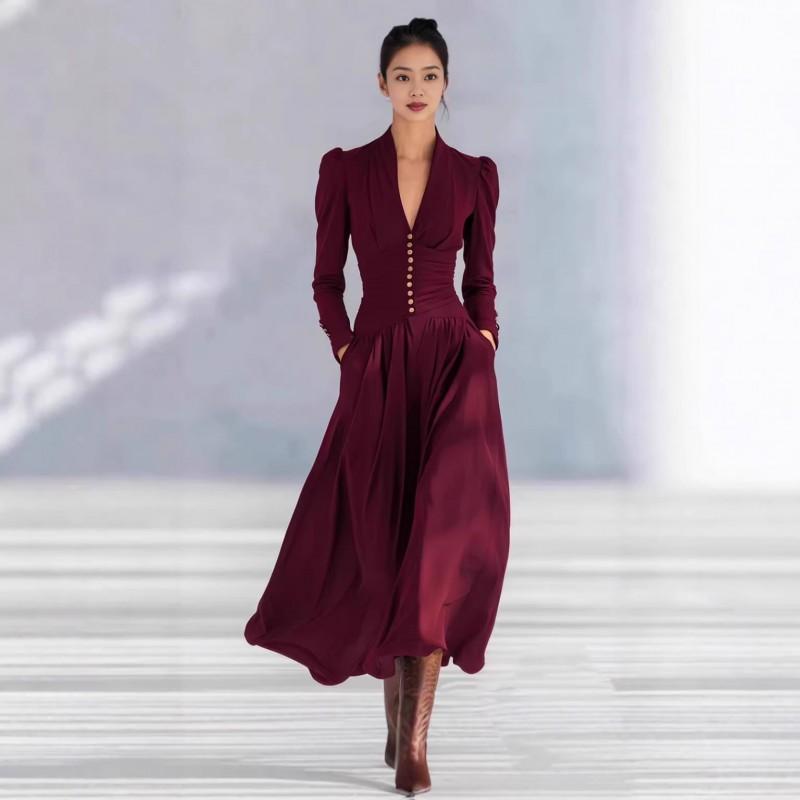 Elegant V-Neck Puff Sleeve Long Formal Dress Women Solid Color Satin Party Gown