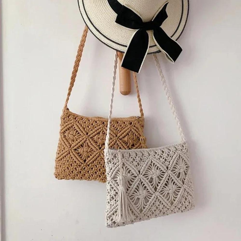 1 Pcs Woven Bag With Crossbody Cotton Thread Tassel Artistic Style Japanese And Korean Style Beach Bag Vacation Travel Bag