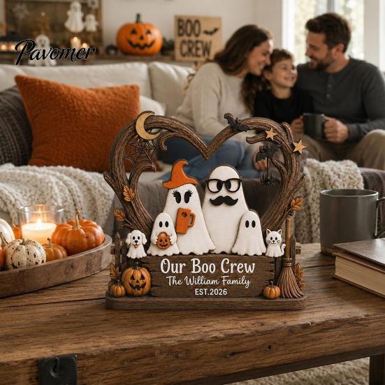 Spooky Party Decorations Halloween Ghost Family Wooden Plaque, Pumpkin Couple Tabletop Sign, Wood Table Ornaments Farmhouse Home Ornament for