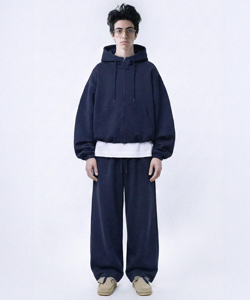 Prinoar [Set] String Oversized Two-Way Zip-Up Hoodie + Single-Pleat Wide Pants - Navy