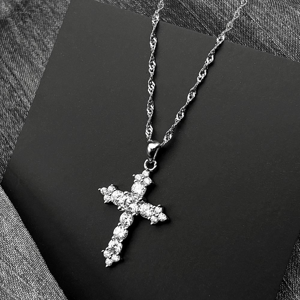 Shiny Hip Hop Zircon Cross Pendant Necklace for Women Stainless Steel Crystal Choker Christian Necklaces Jewelry Cruz Colgante