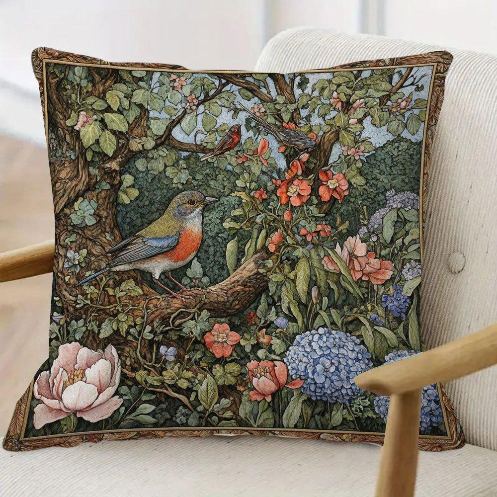 1 pièce Taie d'oreiller William Morris Breezewood Style Peinture Médiévale Impression Double Face Design Floral Rétro avec Oiseaux Douce Confortable
