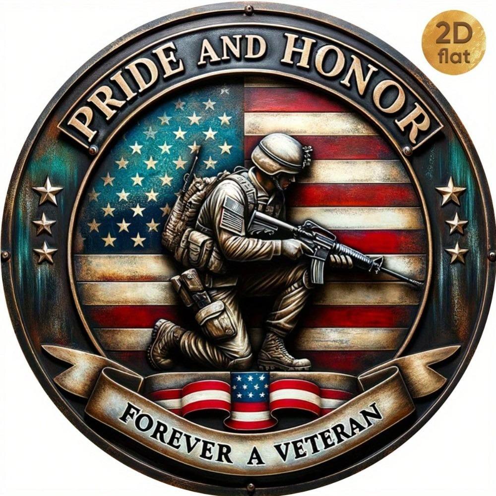 Patriotic Veterans Round Metal Sign American Flag Navy Design Wall Decor