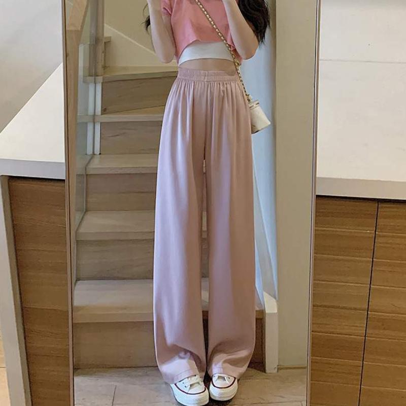 Pantaloni cu picior larg din mătase de gheață mărime plus pentru femei, de vară, subțiri, versatili, casual, cu talie înaltă, largi, răcoroși, pantaloni Ins