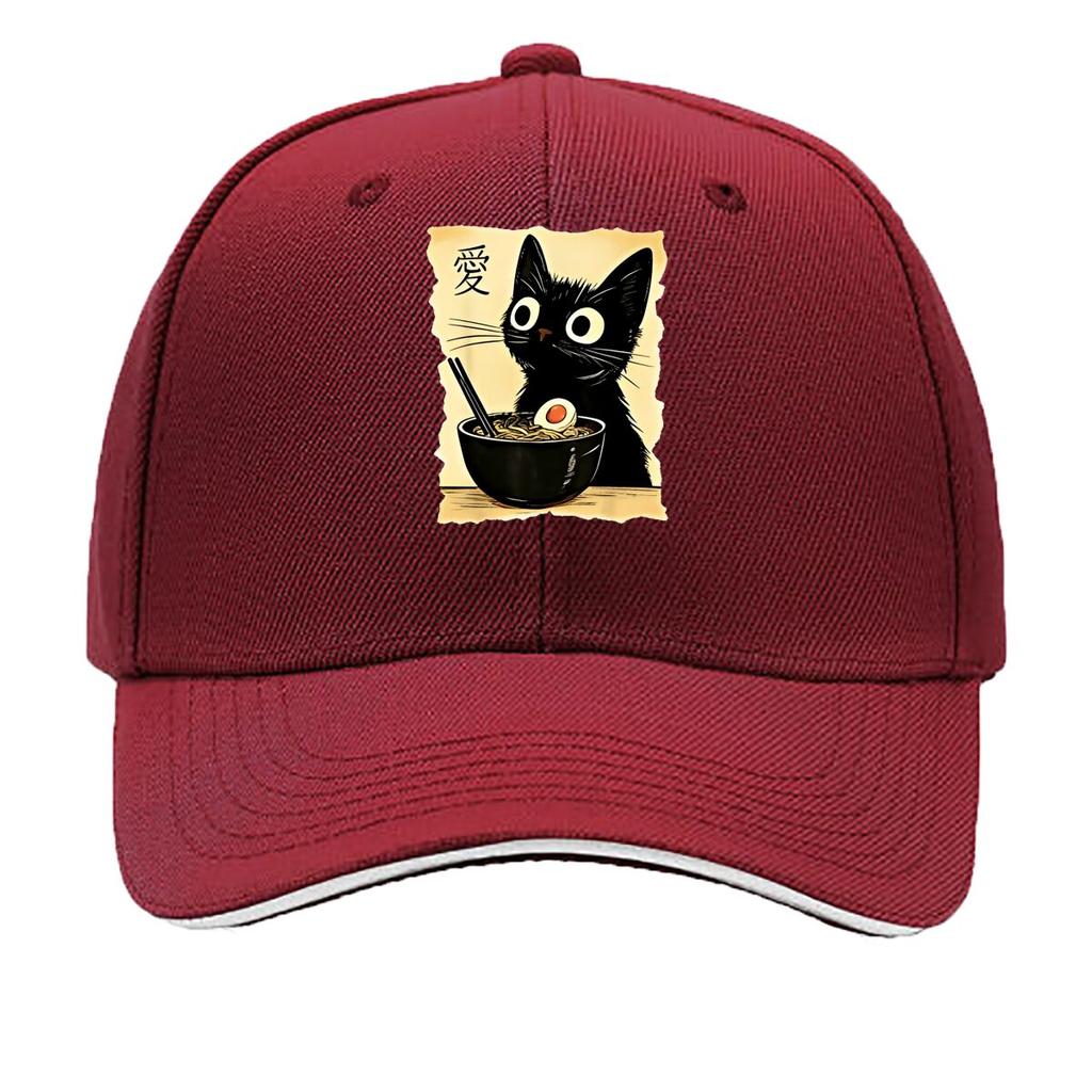 One Fashionable Printed Cartoon Cat Noodles Pattern Summer Curved Brim Cap Trendy Daily Wear Duckb Sandwich Baseball Cap