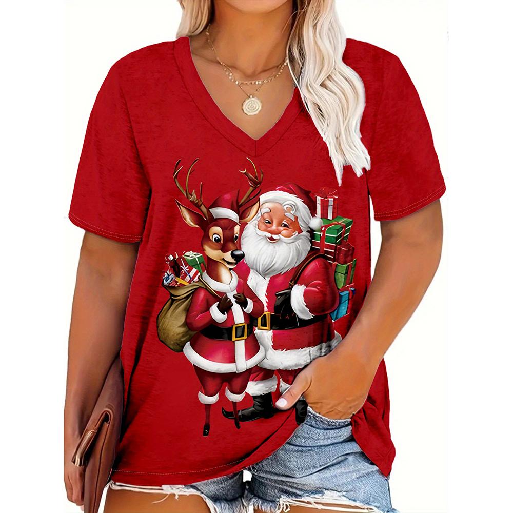 

Women s Cartoon Santa Claus Print Tops Christmas T Shirts Tees Short Sleeve V-Neck Casual Party Clothing Oversized Ladies Tops M
