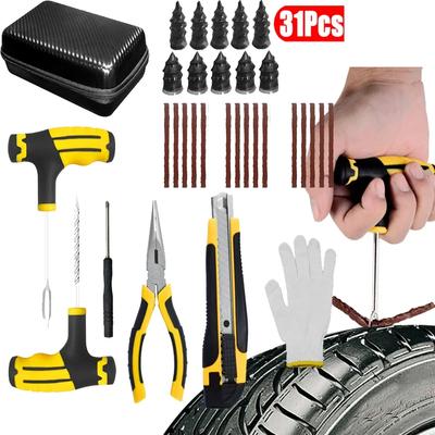31Pcs Car Tire Repair Tool Auto Bike Tubeless Tire Tyre Puncture Tire Repair Kit Plug Garage Repair Plug Tools Kit Accessories