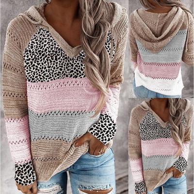 Womens Oversized Striped Hooded Sweater With Leopard Print Casual Winter Knit Top