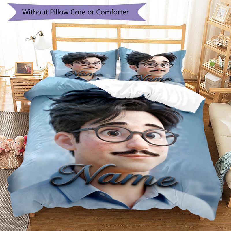 Messi Custom Glasses Mustache Man Personalized Name Bedding Set,Soft Bed Linen for Bedroom Home Decoration,Perfect Gift for Football Fans,Breathable D