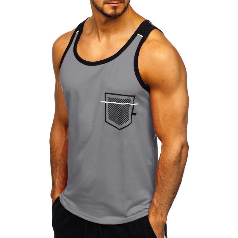 Buy Sleeveless Pocket Print Solid Color Crew Neck Men Tank Tops Sport ...