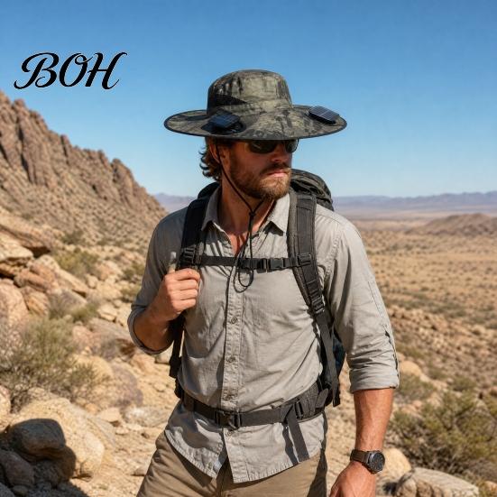 Cycling Cooling Hat Solar Fan Hat, UPF 50+ Wide Brim Sun with 2 Cap Fans, & USB Rechargeable, 3 Speeds for Fishing/Camping/Hiking/Gardening
