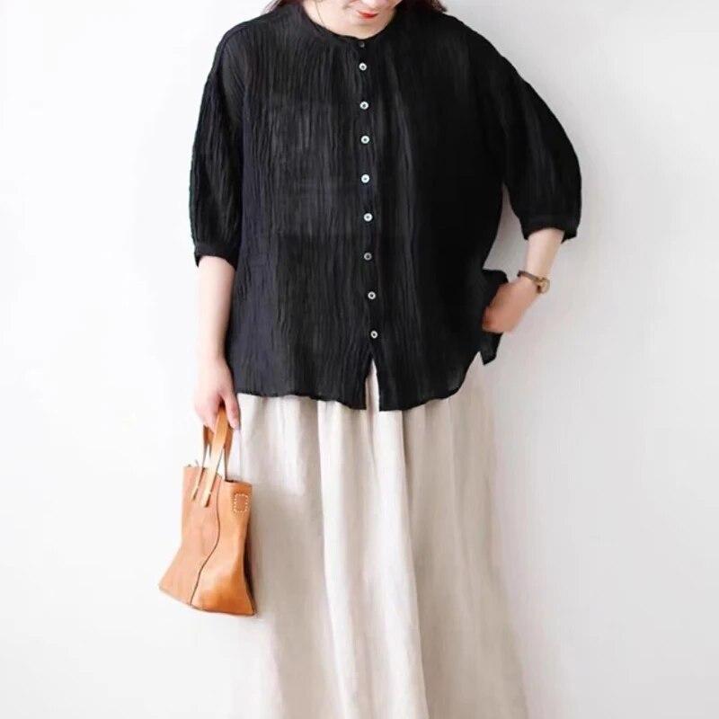 

Тонкие кардиганы с круглым вырезом Johnature, летние свободные универсальные японские крутые рубашки с рукавами-фонариками из семи точек