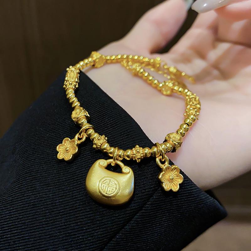 24K Gold-Plated Gourd Bracelet: New Chinese Style Retro Bangle, Light Luxury High-End Jewelry for Women