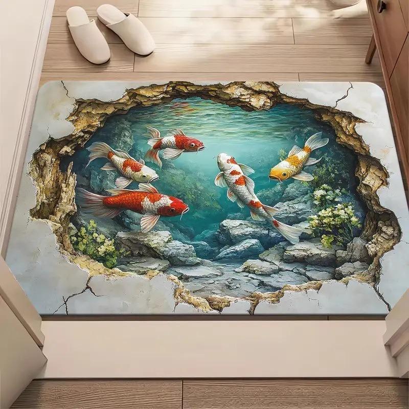 3D Illusion Carp Doormat Unique Koi Fish Pond Entrance Rug with Realistic Water Effect Non-Slip Floor Mat for Home Decor