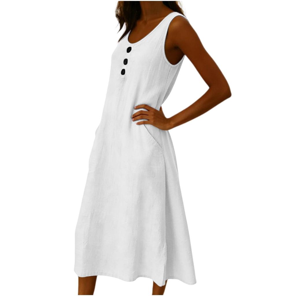 Ärmelloses Freizeitkleid mit Rundhalsausschnitt und Knopfleiste Vordertaschen Midi-Länge Lockerer Schnitt Sommerkleid für Damen