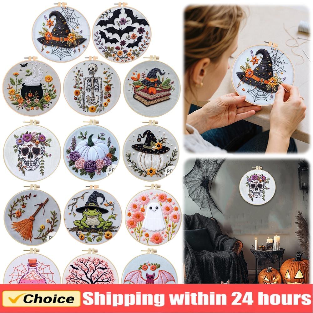 Halloween Embroidery Starter Kit Ghost & Gothic Stamped Pattern Cross Stitch DIY Christmas Decoration Embroidery Kit for Adults