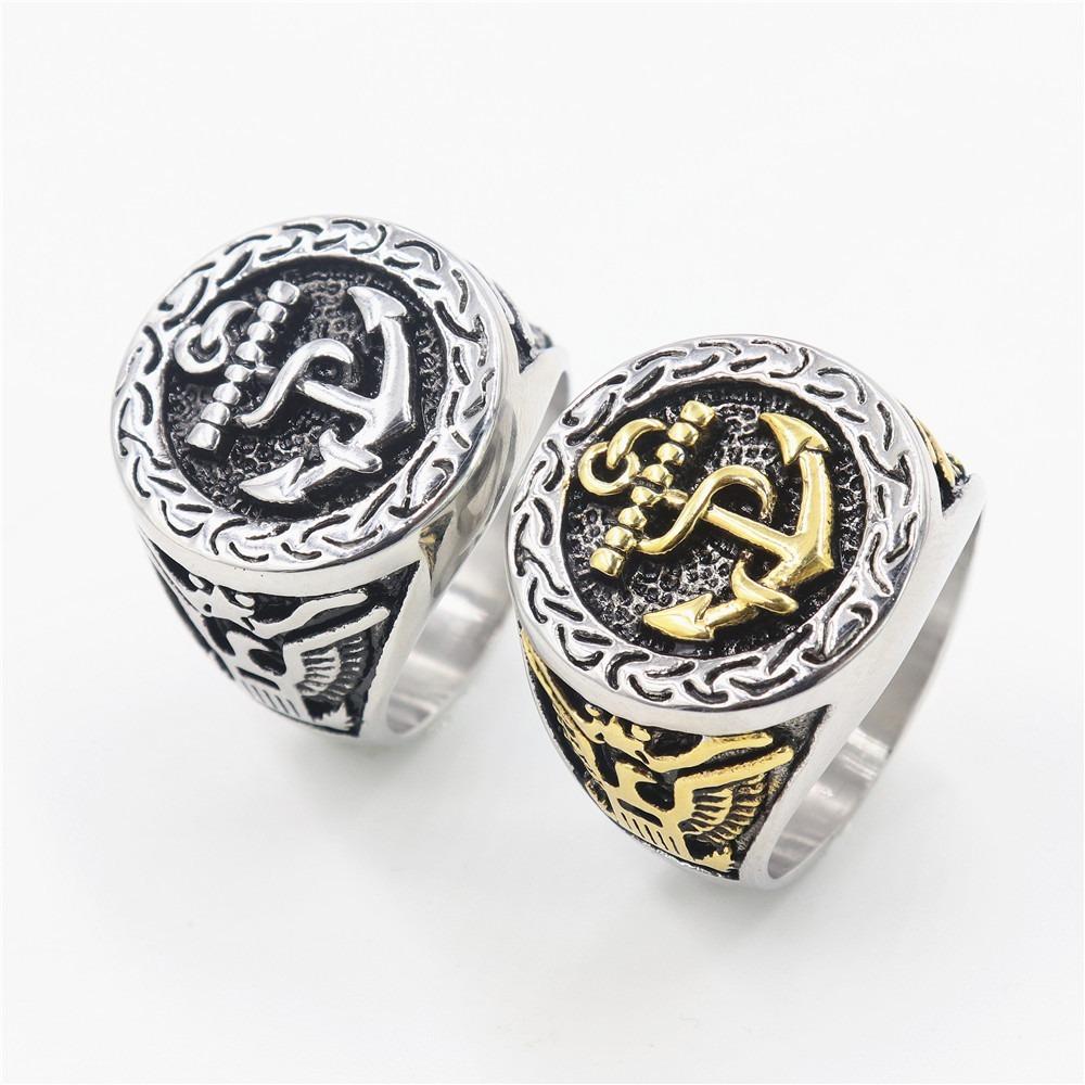 Personalized Trendy Men's Punk Ship Anchor Navy Style Skull Head Ring