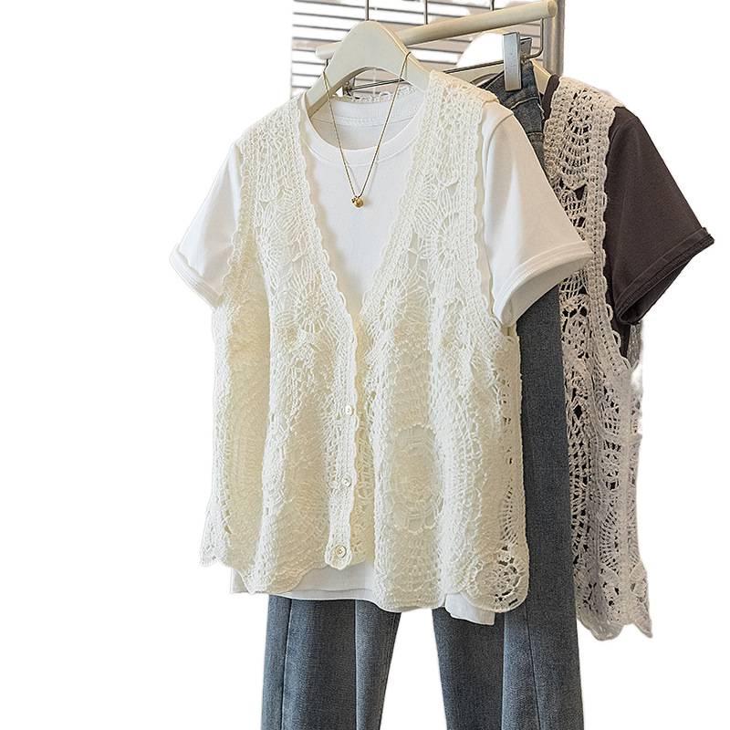 Elegant Plus Size Women's Floral Crochet T-Shirt and Vest Set - Korean Design