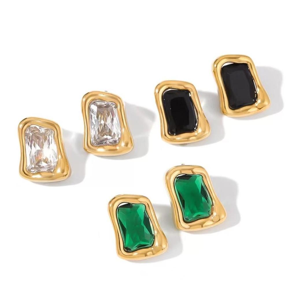 European Classic 18K Gold-Plated Stainless Steel Earrings with White Zircon Square