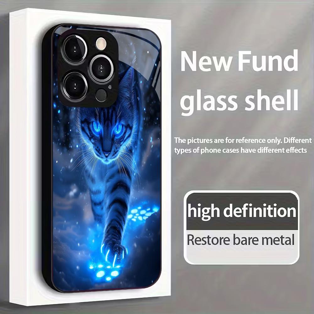 Blue Light Cat Tempered Glass Phone Case Suitable for iPhone17 16 15 14 13 12 11Pro Max Plus Anti Drop and Shockproof Back Cover