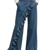 Women's Clothing, Retro Style, Irregular Pants, Mid Waist, Ruffled Edges, Denim Pants