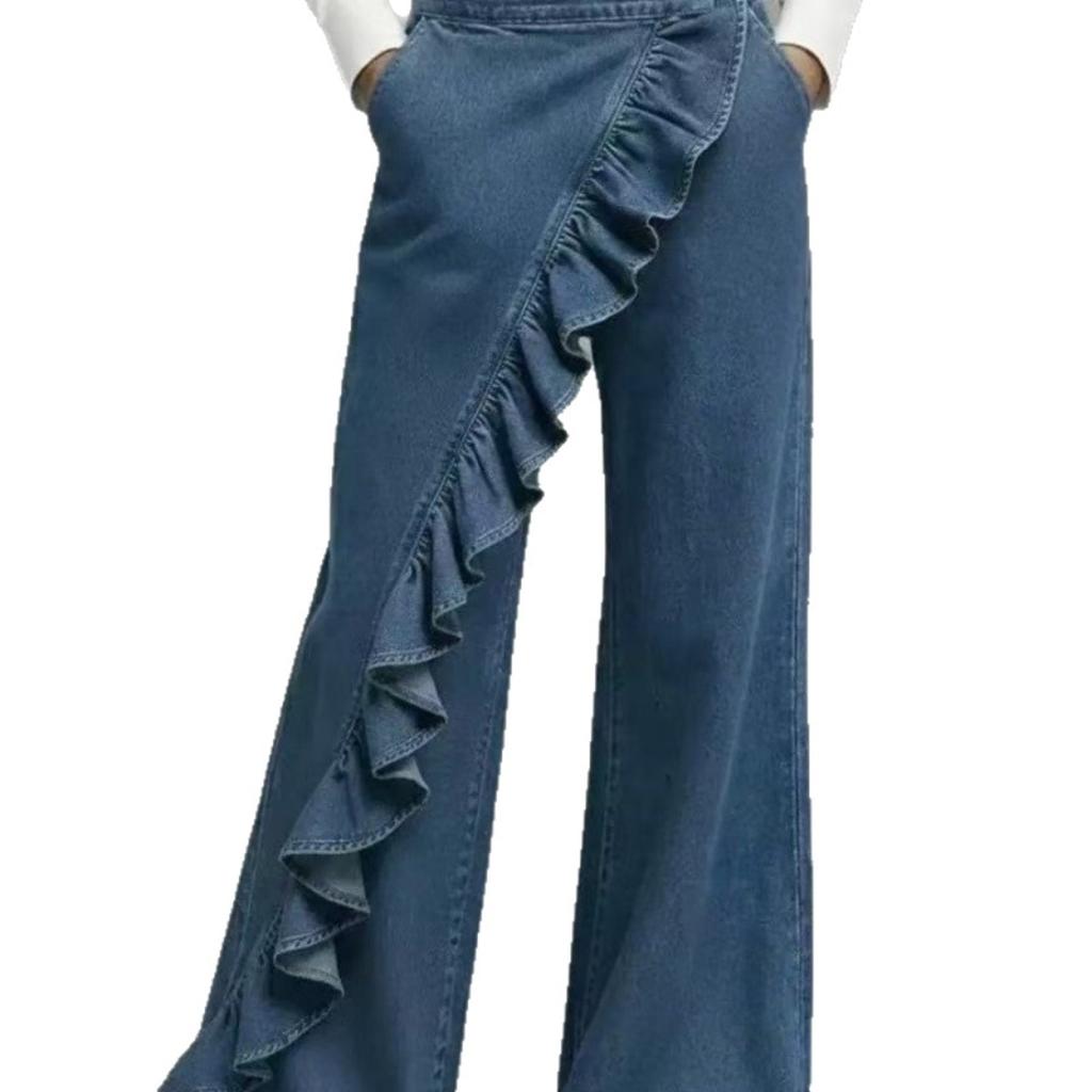Women's Clothing, Retro Style, Irregular Pants, Mid Waist, Ruffled Edges, Denim Pants