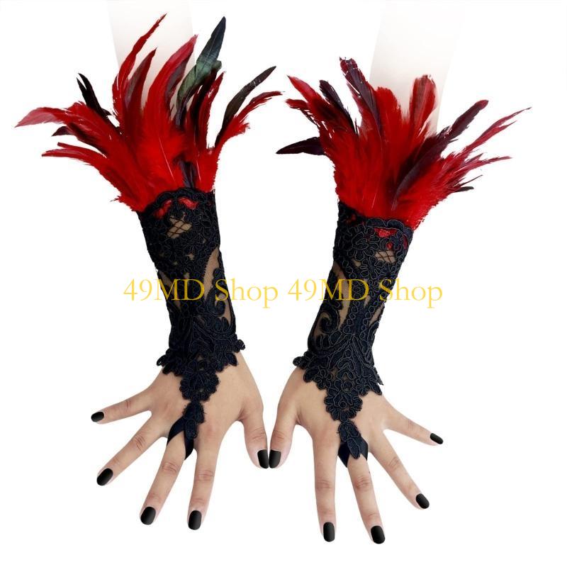 49MD Handmade Punk Medieval Witch Lace Gloves with Ring Halloween Wrist Decors красный