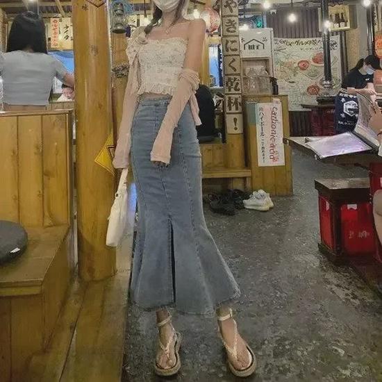 

Летняя джинсовая юбка-годе с высокой талией 2024 : Тонкий, Эластичный, Дизайн с Неправильным Разрезом Small синий