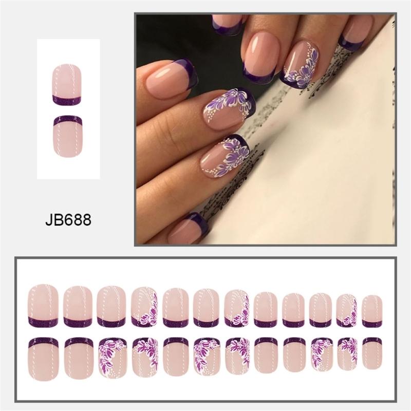 24 Piezas Uña Postiza Corta Cuadrada Flores Uña Artificial Punta Francesa Uña Adhesiva Uña Brillante Press On para Mujer