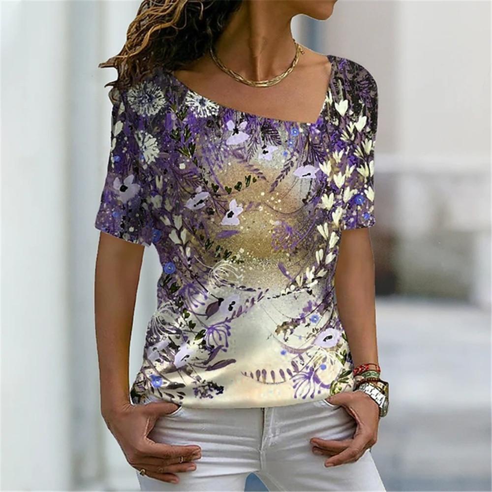 Šikmý límec Květinový Digitální 3D Tisk Harajuku Dámské Tričko Krátký Rukáv Letní Neformální Personalizované Dámské Vrchní Oblečení
