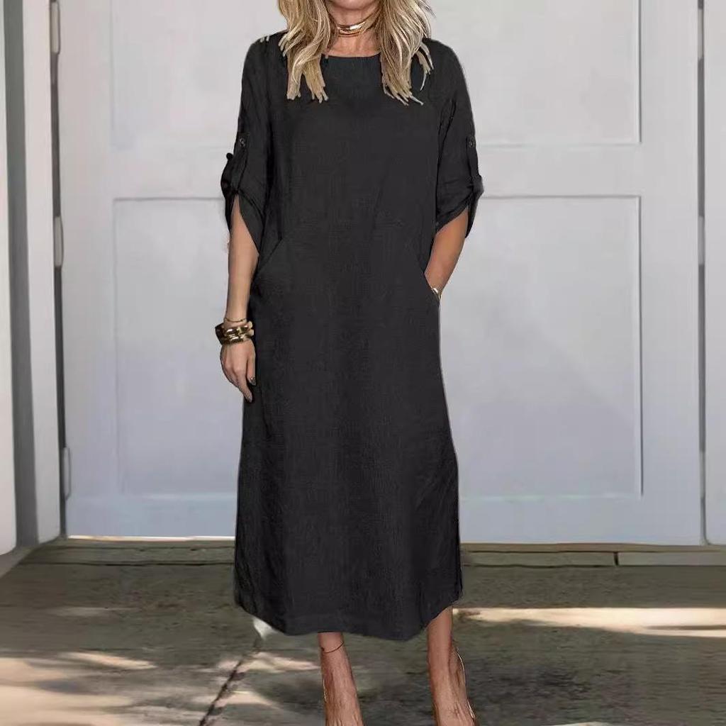Spring/Summer Women's Solid Color Cotton-Linen Dress with Pockets