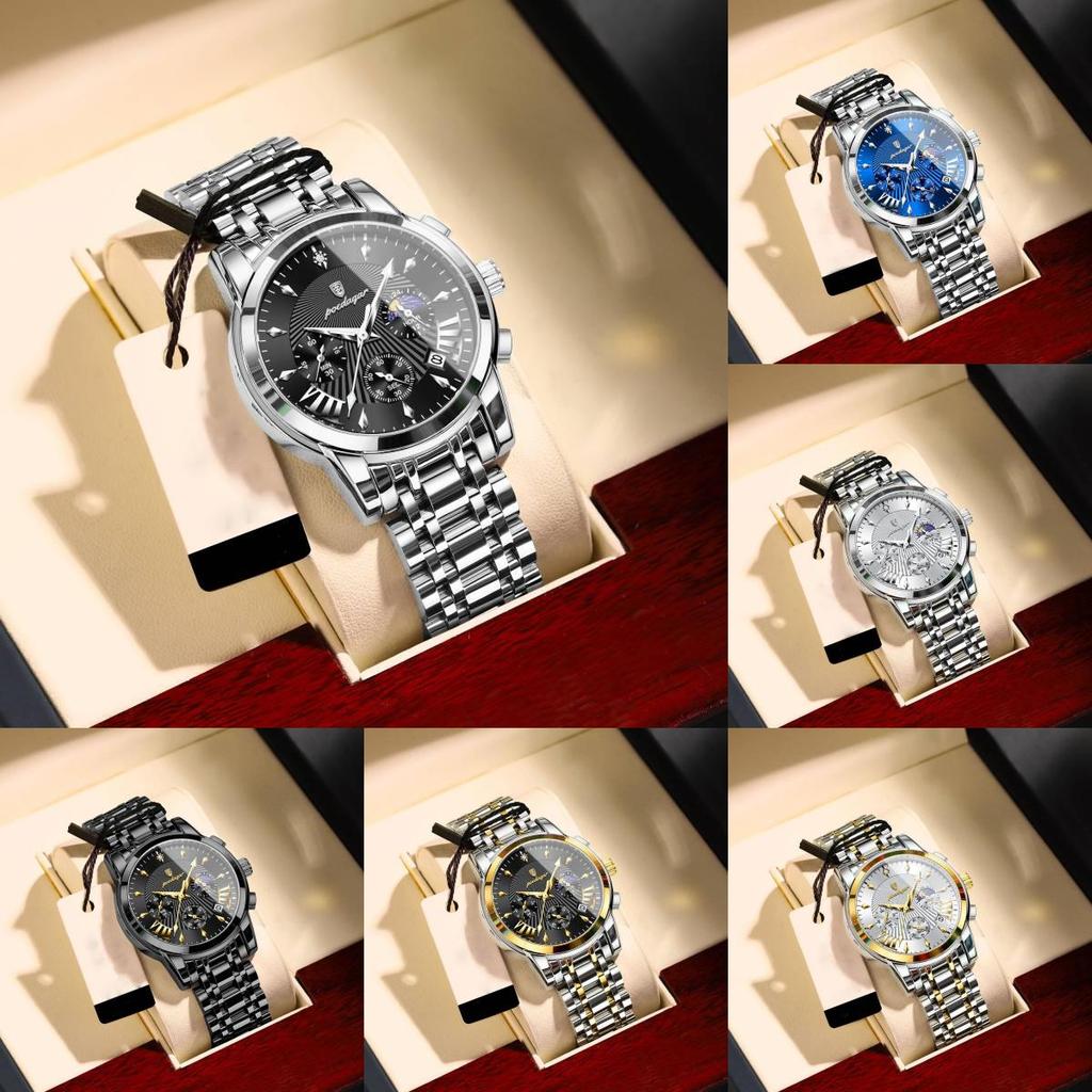 Swiss Mens Watch With Luminous Dial Moon Phase Chronograph For Sports And Casual Wear