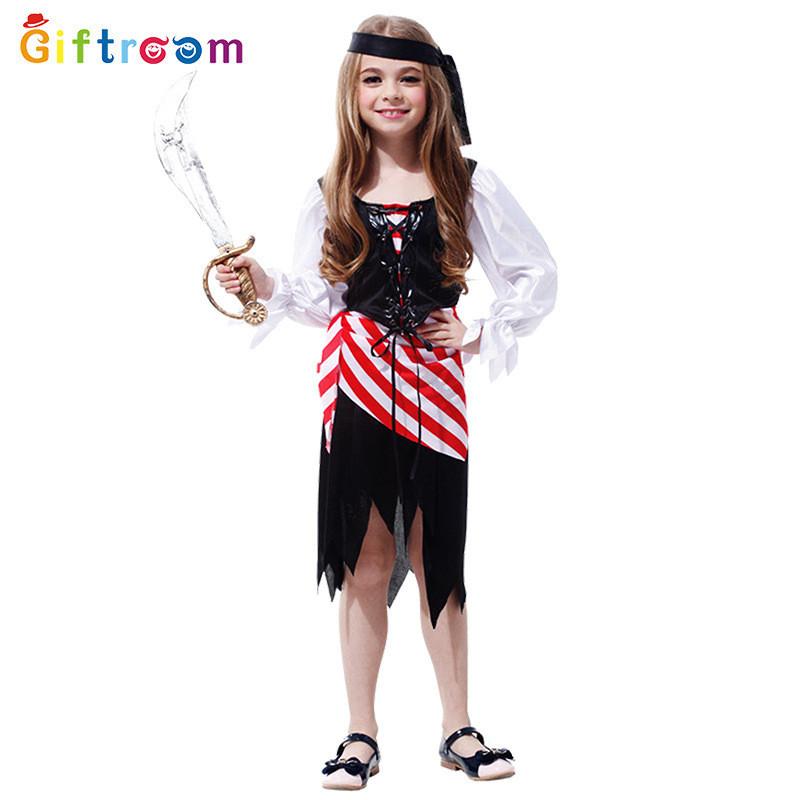 Enchanting Pirate Costume For Girls With Striped Irregular Hem For Halloween Fun