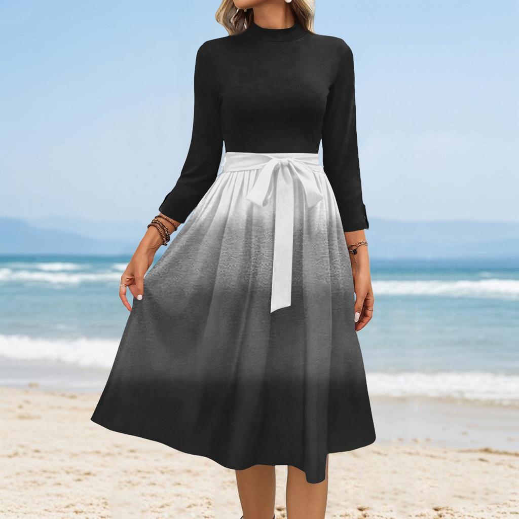 Women's Fashion Casual Belt Seven Sleeve Round Neck Gradient Temperament Dresses