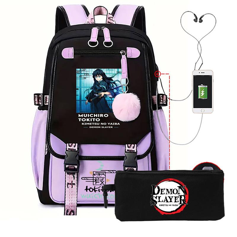 Casual Korean version schoolbag ghost extermination animation two-dimensional trend boys and girls USB backpack two-piece set