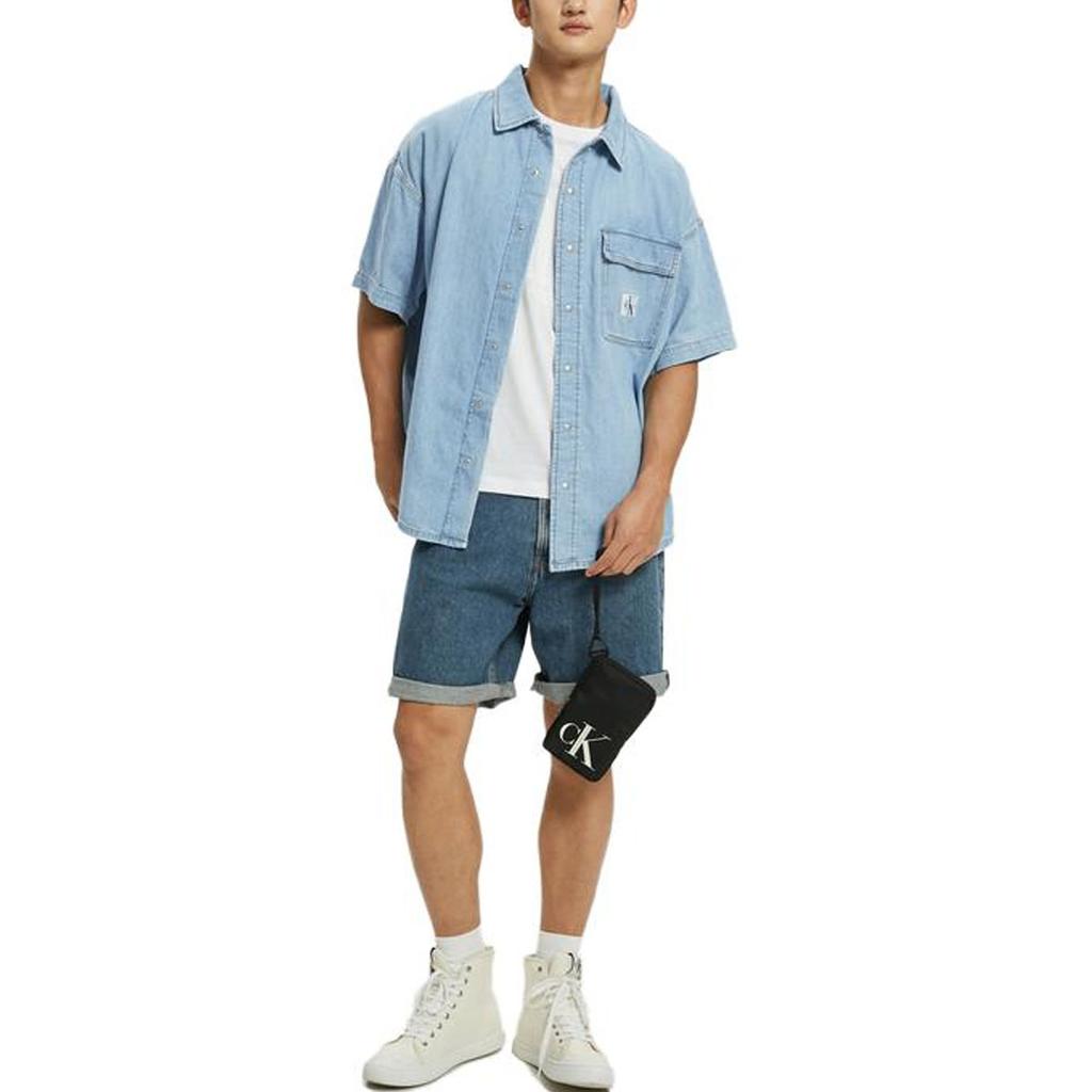 Calvin Klein Logo Embroidered Loose Short Sleeve Shirt Men Tops Denim-Blue J320636-1AA