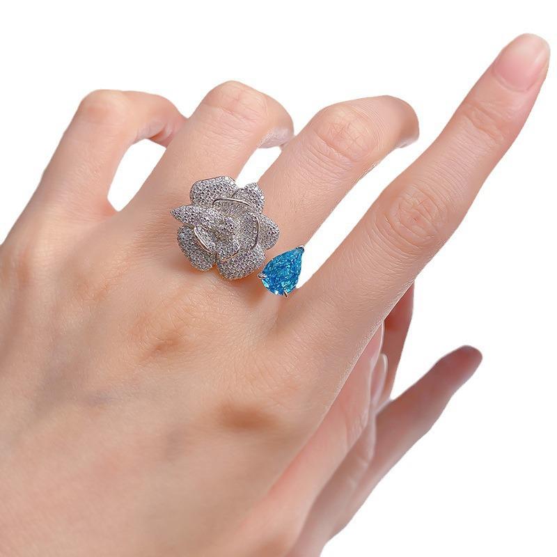 Luoxi Temple 2024 Camellia Ring: 925 Silver with 7x10mm Aquamarine Ice Flower Cut
