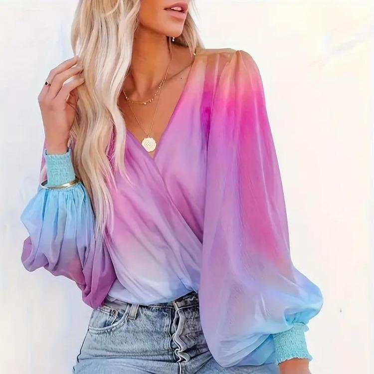 Women Casual Lantern Long Sleeve Blouse Gradient Print Surplice Neck Spring Fall Clothing