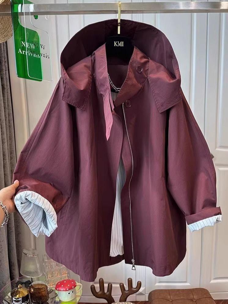 Dámská bunda s dlouhým rukávem nadměrné velikosti Jarní Podzimní Ležérní Volná Větrovka se zipem a kapucí Nadměrný kabát